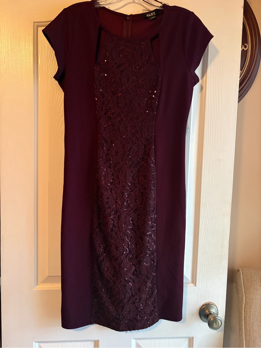 SLNY Plum Lace-Sequined Cap Sleeve Midi Dress - Picture 1 of 4